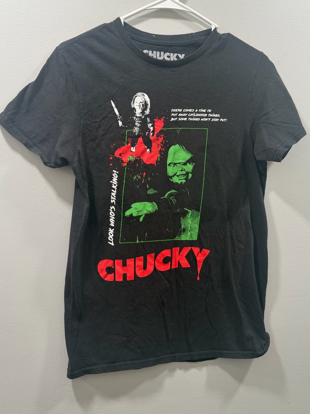 Chucky Black Graphic Tee with Red and Green Print size S Womens